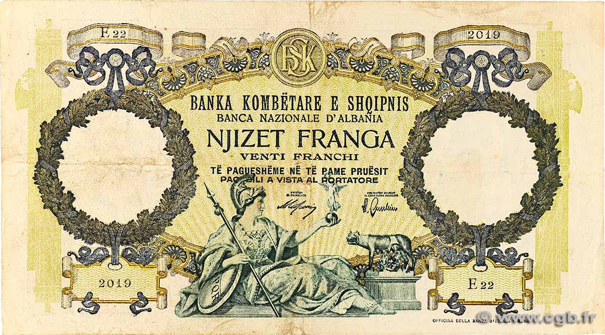 20 Franga ALBANIE  1939 P.07 TB