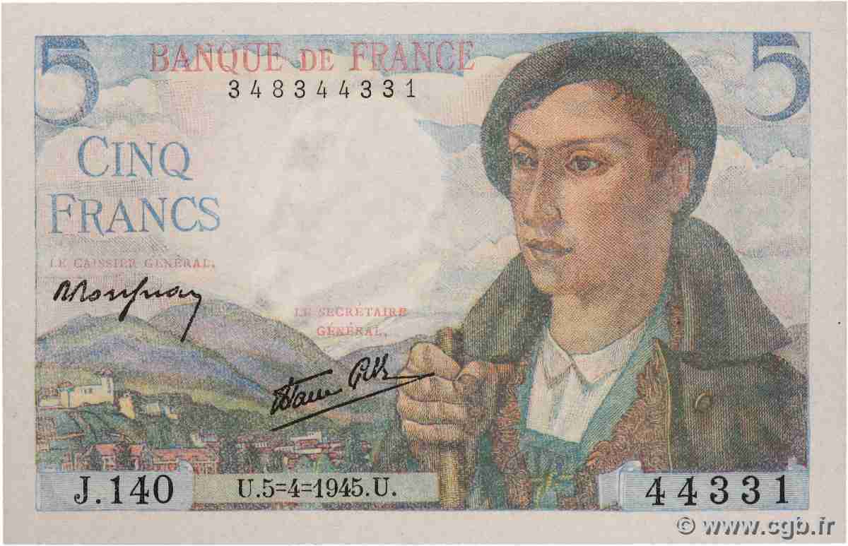 5 Francs BERGER Lot FRANCE  1945 F.05.06 pr.NEUF