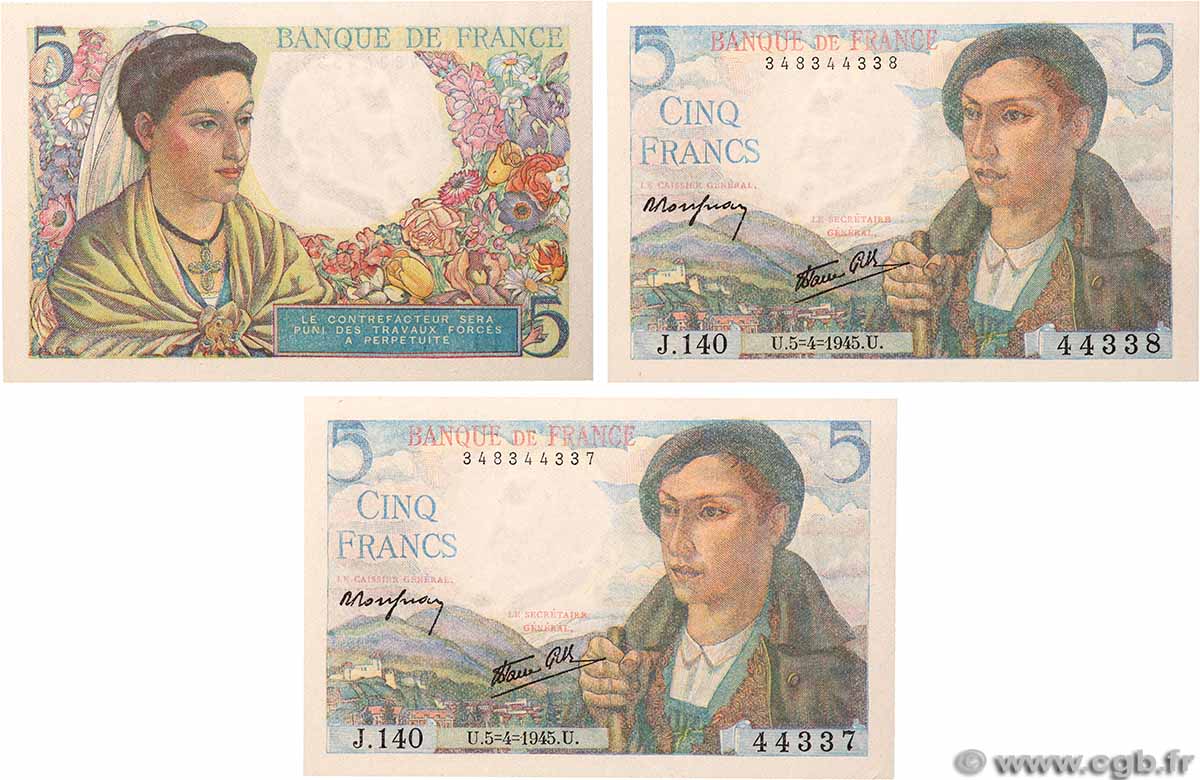 5 Francs BERGER Lot FRANCE  1945 F.05.06 pr.NEUF