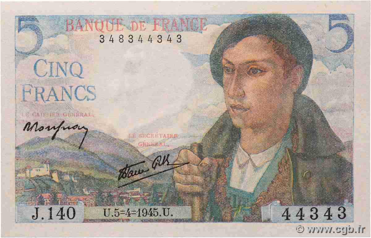 5 Francs BERGER Lot FRANCE  1945 F.05.06 pr.NEUF