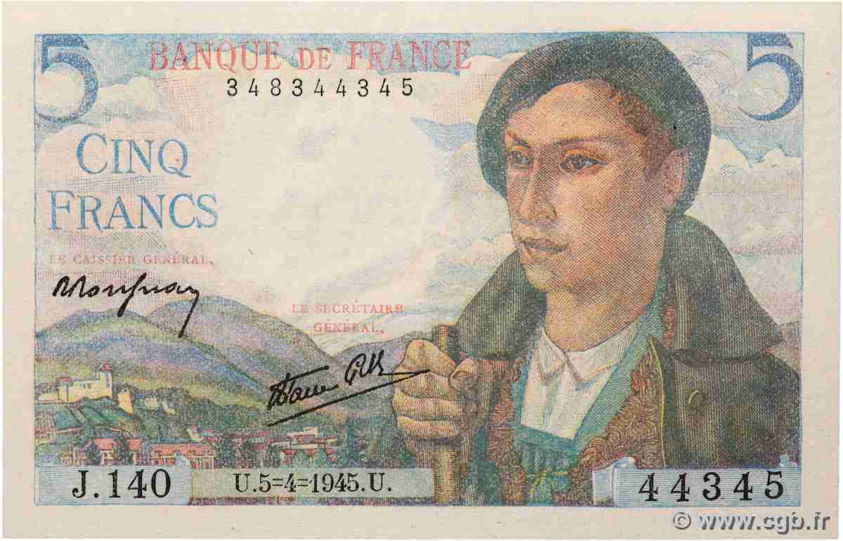 5 Francs BERGER FRANCE  1945 F.05.06 pr.NEUF