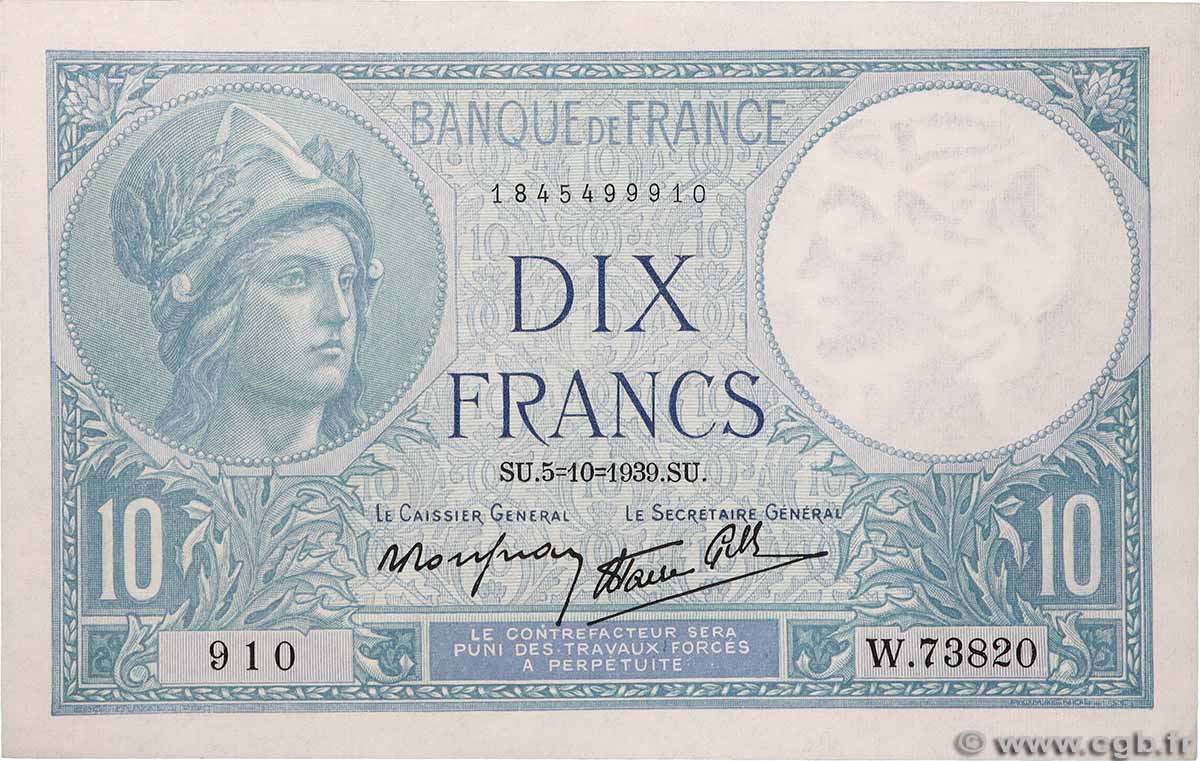10 Francs MINERVE modifié FRANCE  1939 F.07.10 pr.NEUF