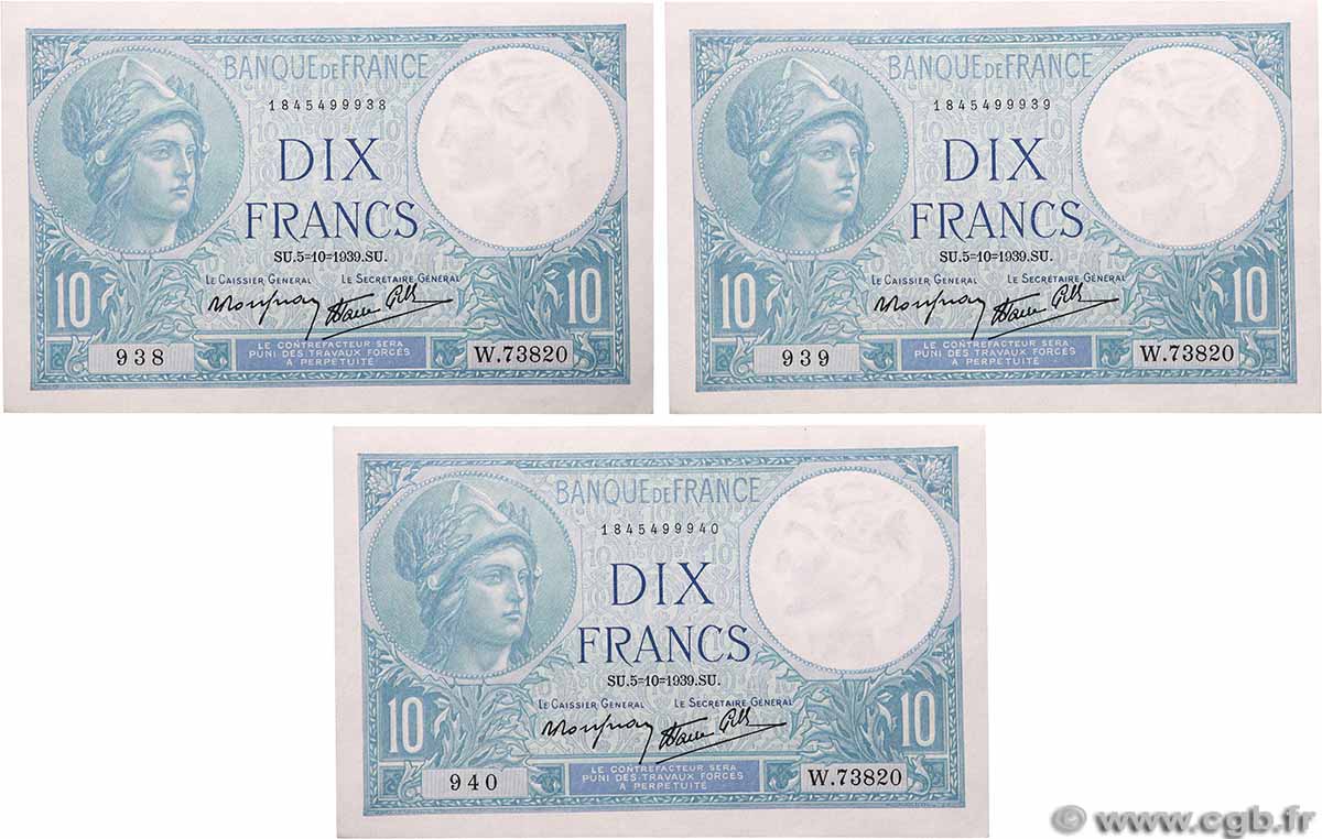 10 Francs MINERVE modifié Lot FRANCE  1939 F.07.10 SPL+