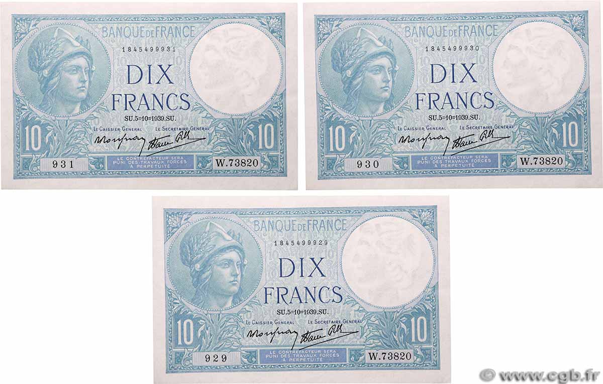 10 Francs MINERVE modifié Lot FRANCE  1939 F.07.10 SPL+