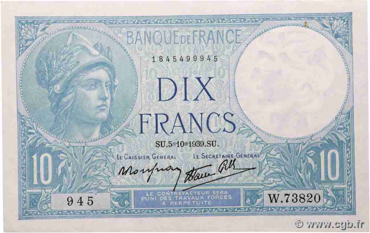 10 Francs MINERVE modifié FRANCE  1939 F.07.10 SPL