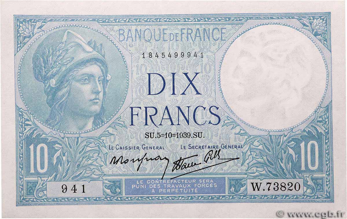 10 Francs MINERVE modifié FRANCE  1939 F.07.10 SPL+