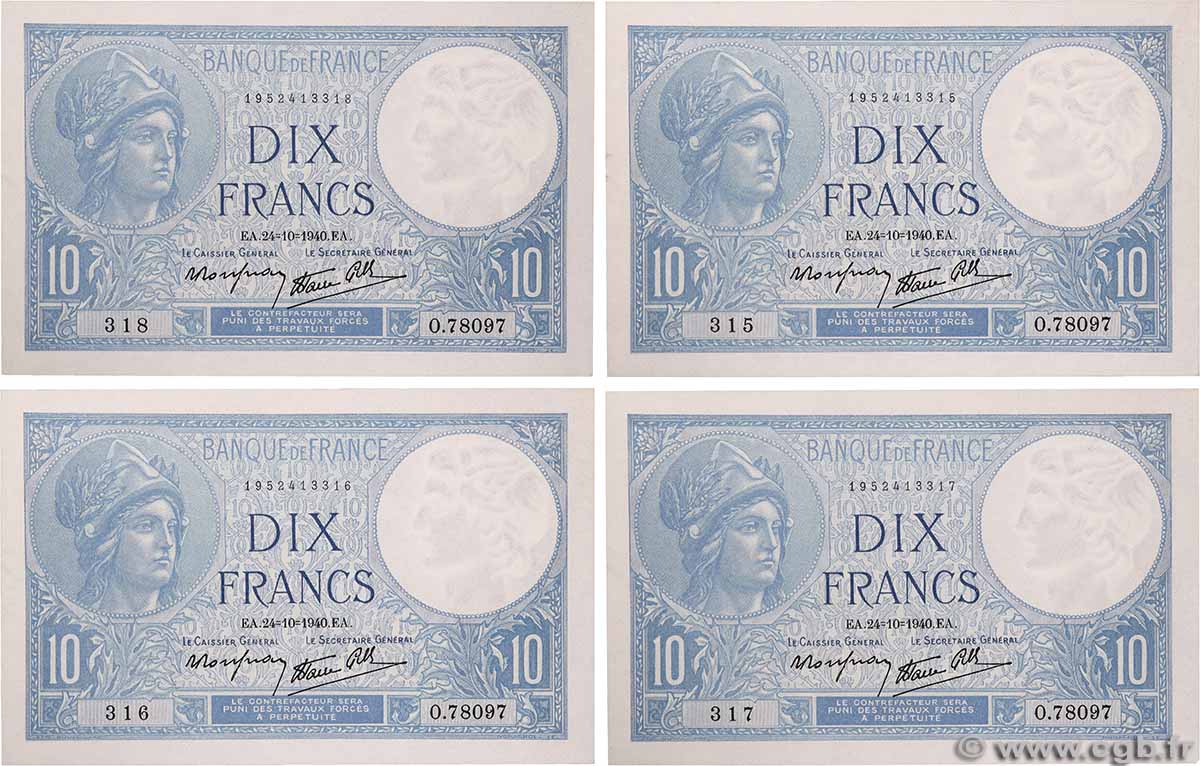 10 Francs MINERVE modifié Lot FRANCE  1940 F.07.18 pr.NEUF