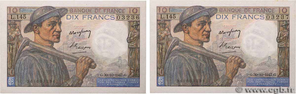 10 Francs MINEUR Consécutifs FRANCE  1947 F.08.18 AU
