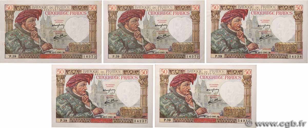 50 Francs JACQUES CŒUR Lot FRANCE  1941 F.19.05 SUP