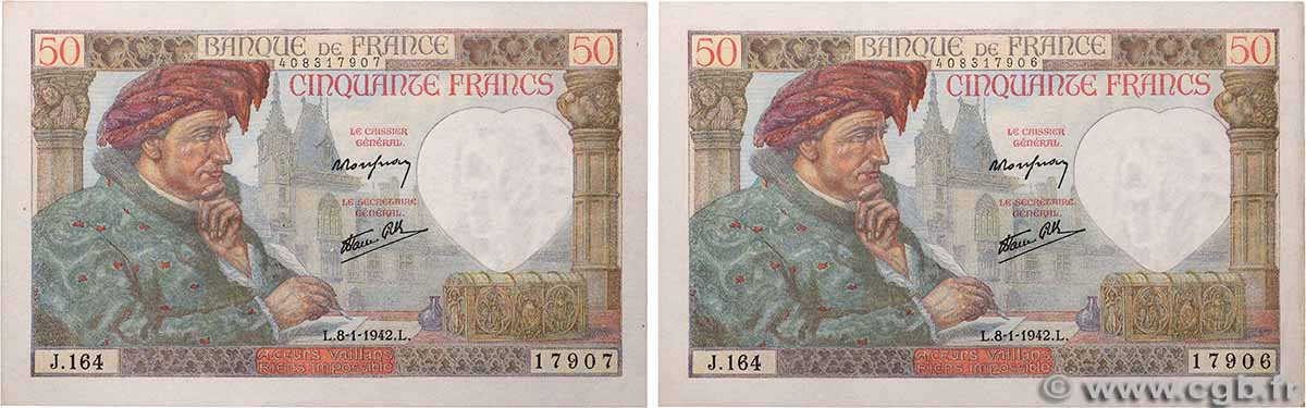 50 Francs JACQUES CŒUR Consécutifs FRANCE  1942 F.19.18 SUP+