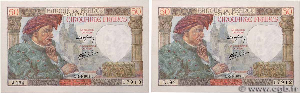 50 Francs JACQUES CŒUR Consécutifs FRANCE  1942 F.19.18 SUP+