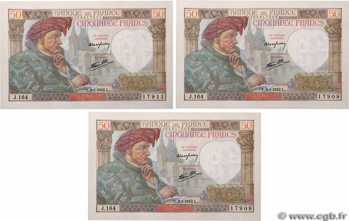 50 Francs JACQUES CŒUR Lot FRANCE  1942 F.19.18 SUP+