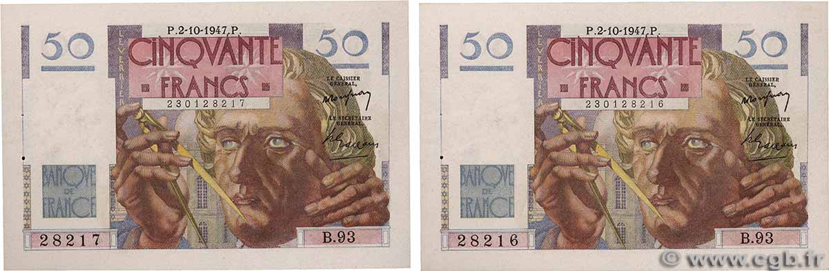 50 Francs LE VERRIER Consécutifs FRANCE  1947 F.20.09 SPL