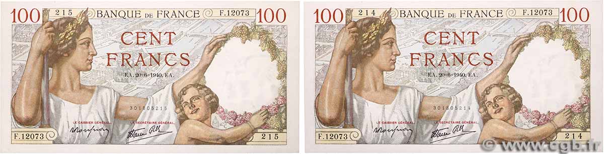 100 Francs SULLY Consécutifs FRANCE  1940 F.26.32 pr.NEUF