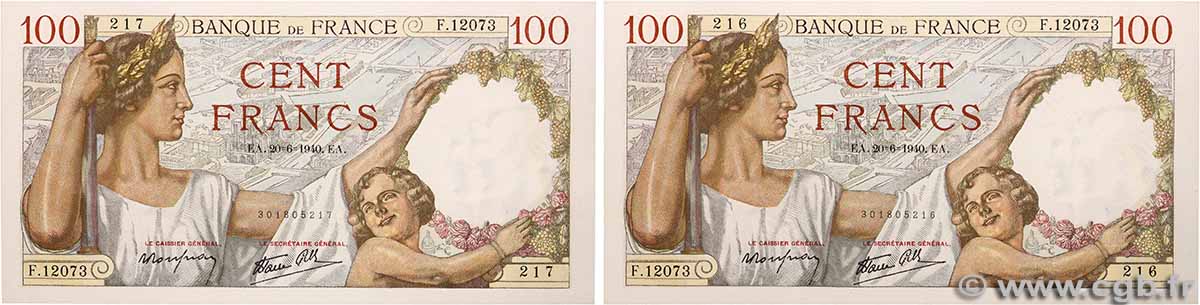100 Francs SULLY Consécutifs FRANCE  1940 F.26.32 pr.NEUF