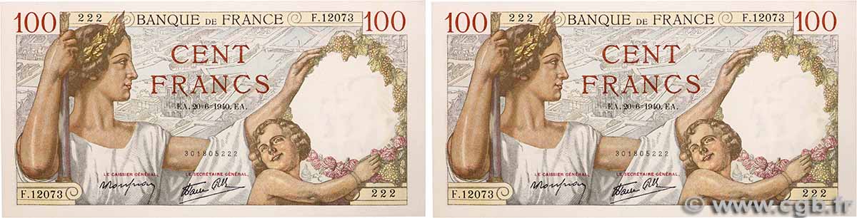 100 Francs SULLY Consécutifs FRANCE  1940 F.26.32 pr.NEUF