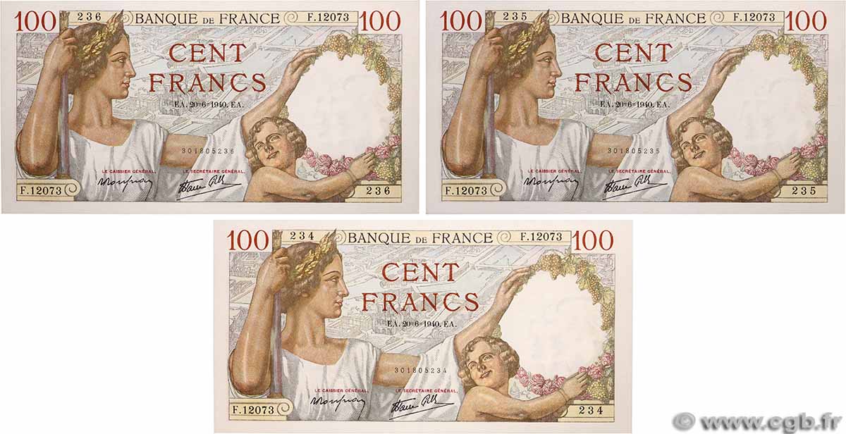 100 Francs SULLY Consécutifs FRANCE  1940 F.26.32 SPL+