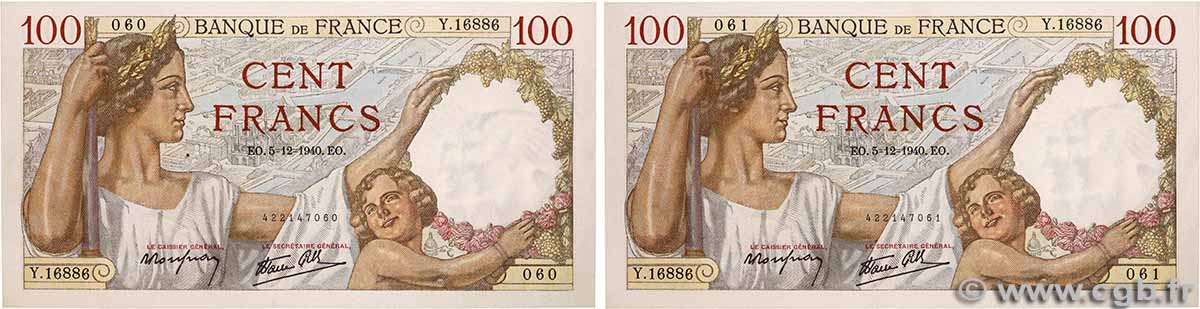 100 Francs SULLY Consécutifs FRANCE  1940 F.26.42 pr.NEUF