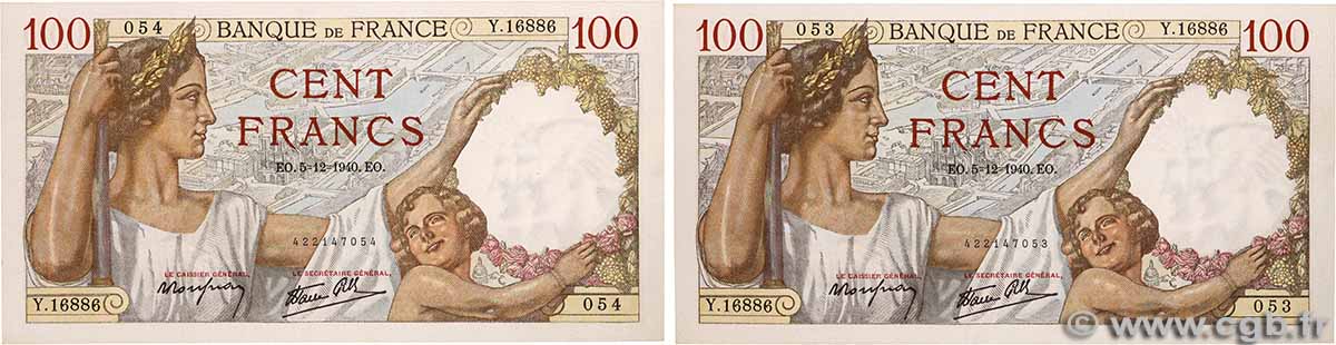 100 Francs SULLY Consécutifs FRANCE  1940 F.26.42 pr.NEUF
