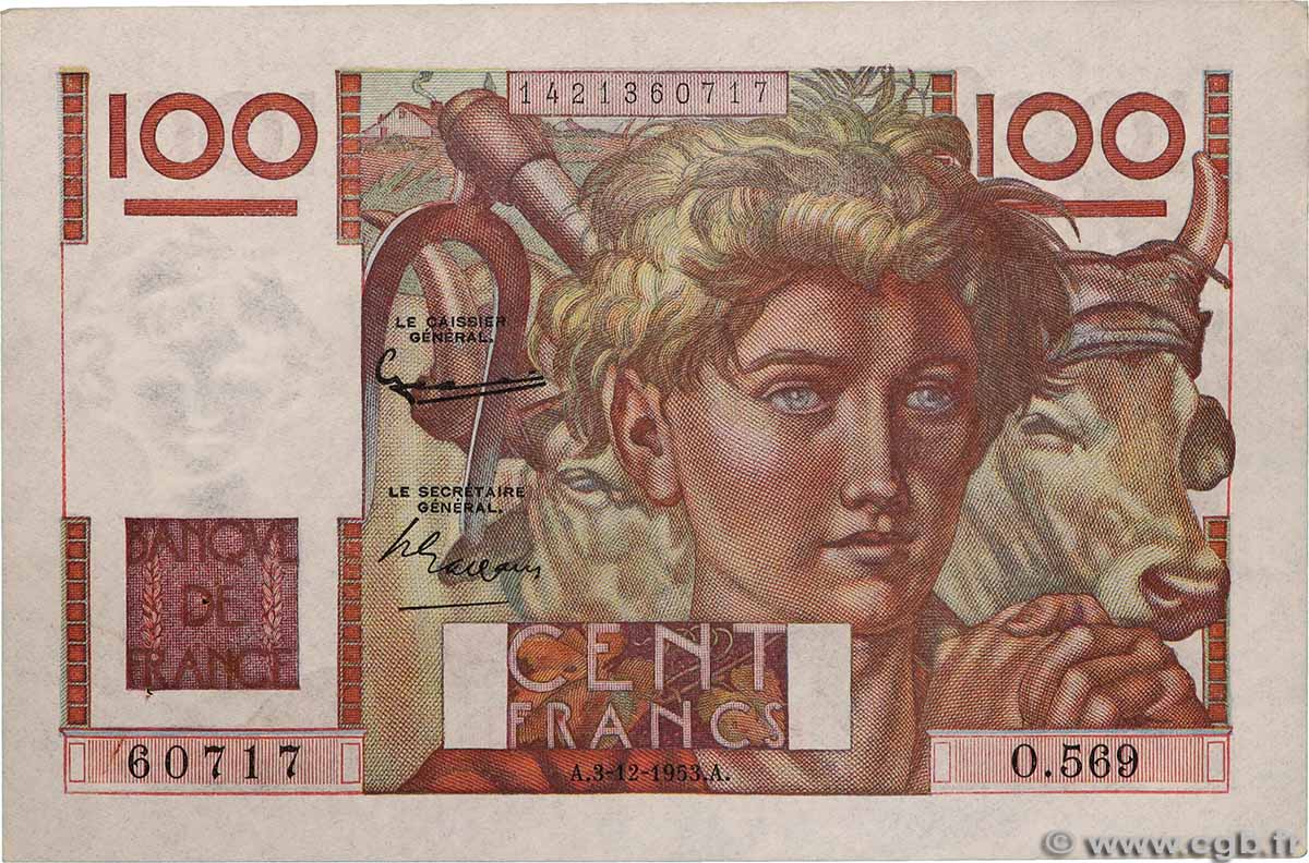 100 Francs JEUNE PAYSAN FRANCE  1953 F.28.40 pr.SPL