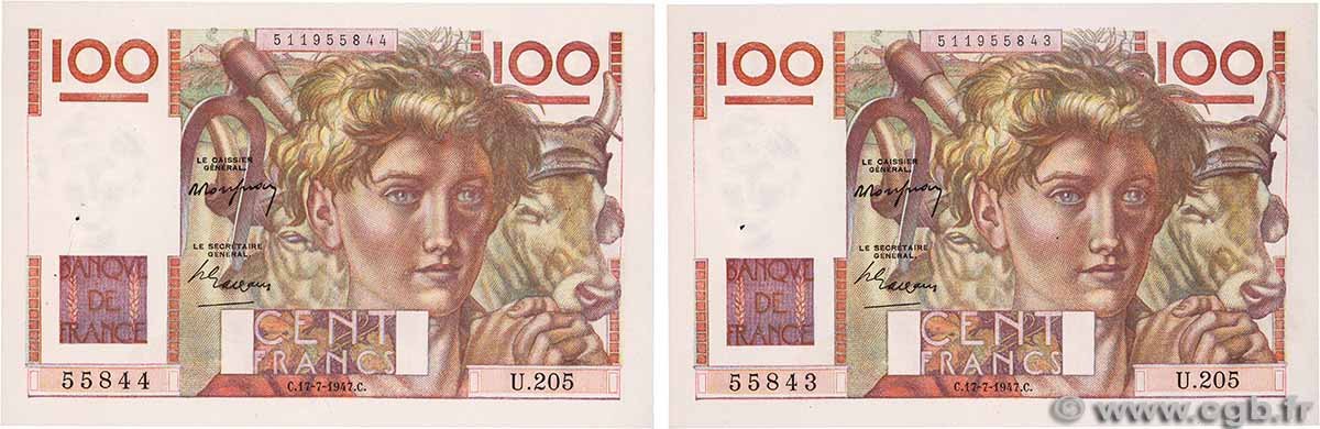 100 Francs JEUNE PAYSAN Consécutifs FRANCE  1947 F.28.15 SPL