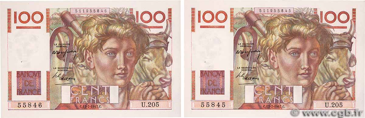 100 Francs JEUNE PAYSAN Consécutifs FRANCE  1947 F.28.15 SPL