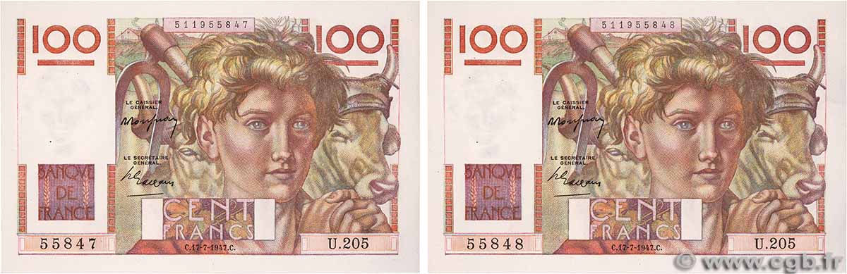 100 Francs JEUNE PAYSAN Consécutifs FRANCE  1947 F.28.15 SPL