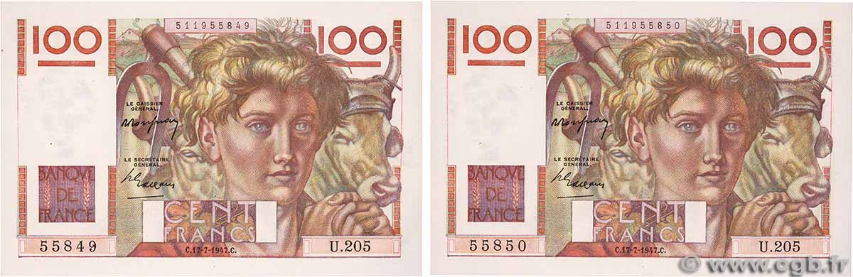 100 Francs JEUNE PAYSAN Consécutifs FRANCE  1947 F.28.15 SPL