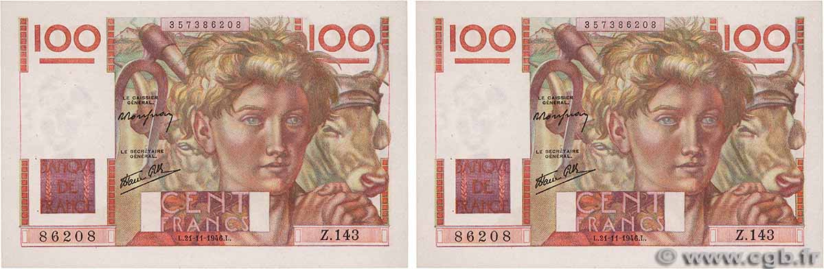 100 Francs JEUNE PAYSAN Consécutifs FRANCE  1946 F.28.11 SPL