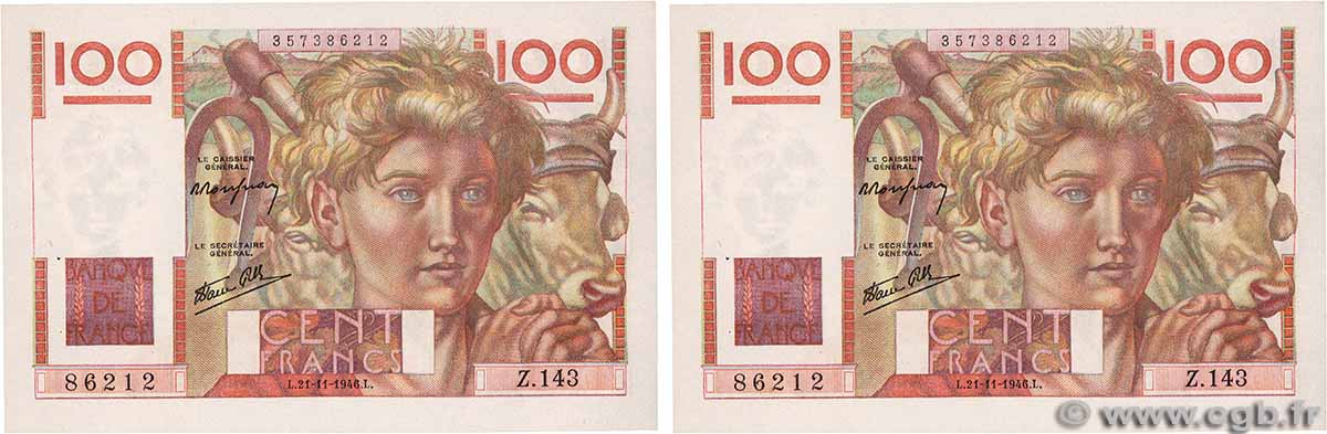 100 Francs JEUNE PAYSAN Consécutifs FRANCE  1946 F.28.11 SPL