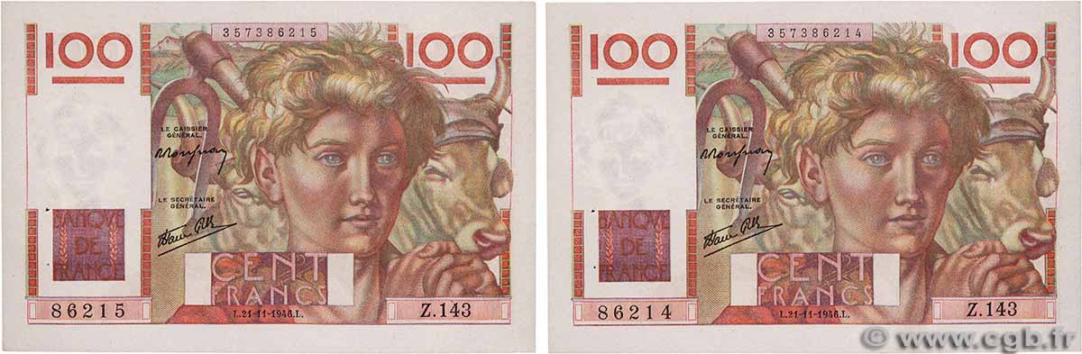 100 Francs JEUNE PAYSAN Consécutifs FRANCE  1946 F.28.11 SPL
