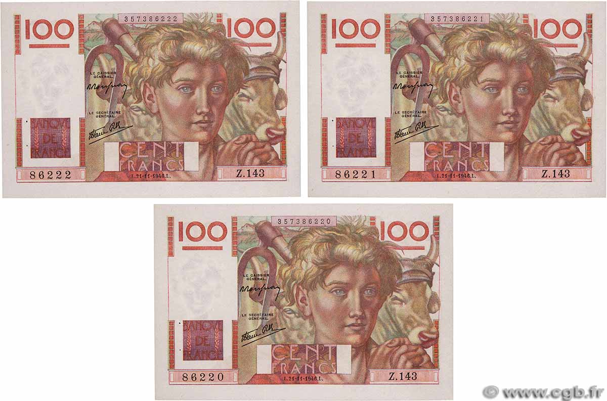 100 Francs JEUNE PAYSAN Consécutifs FRANCE  1946 F.28.11 SPL