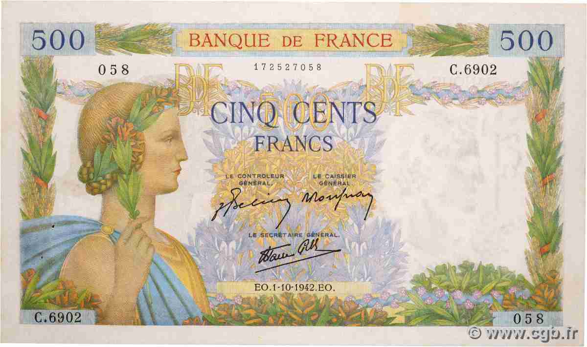 500 Francs LA PAIX FRANCE  1942 F.32.41 SUP