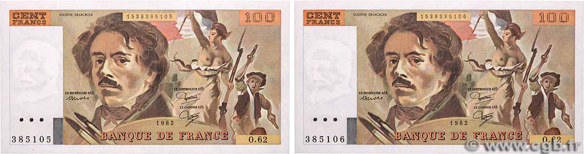 100 Francs DELACROIX modifié Consécutifs FRANCE  1982 F.69.06 pr.NEUF