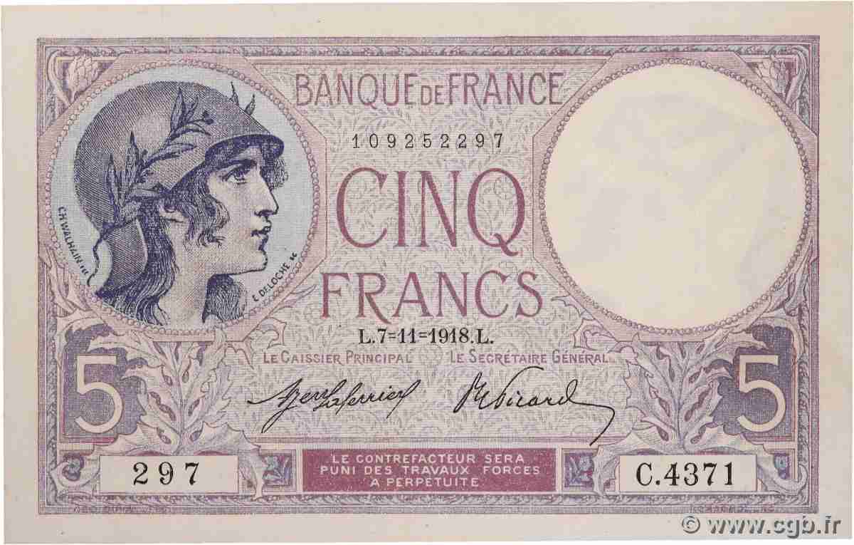 5 Francs FEMME CASQUÉE FRANCE  1918 F.03.02 pr.SPL
