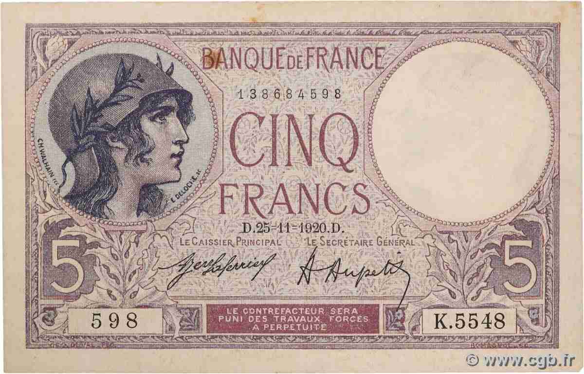 5 Francs FEMME CASQUÉE FRANCE  1920 F.03.04 pr.SUP