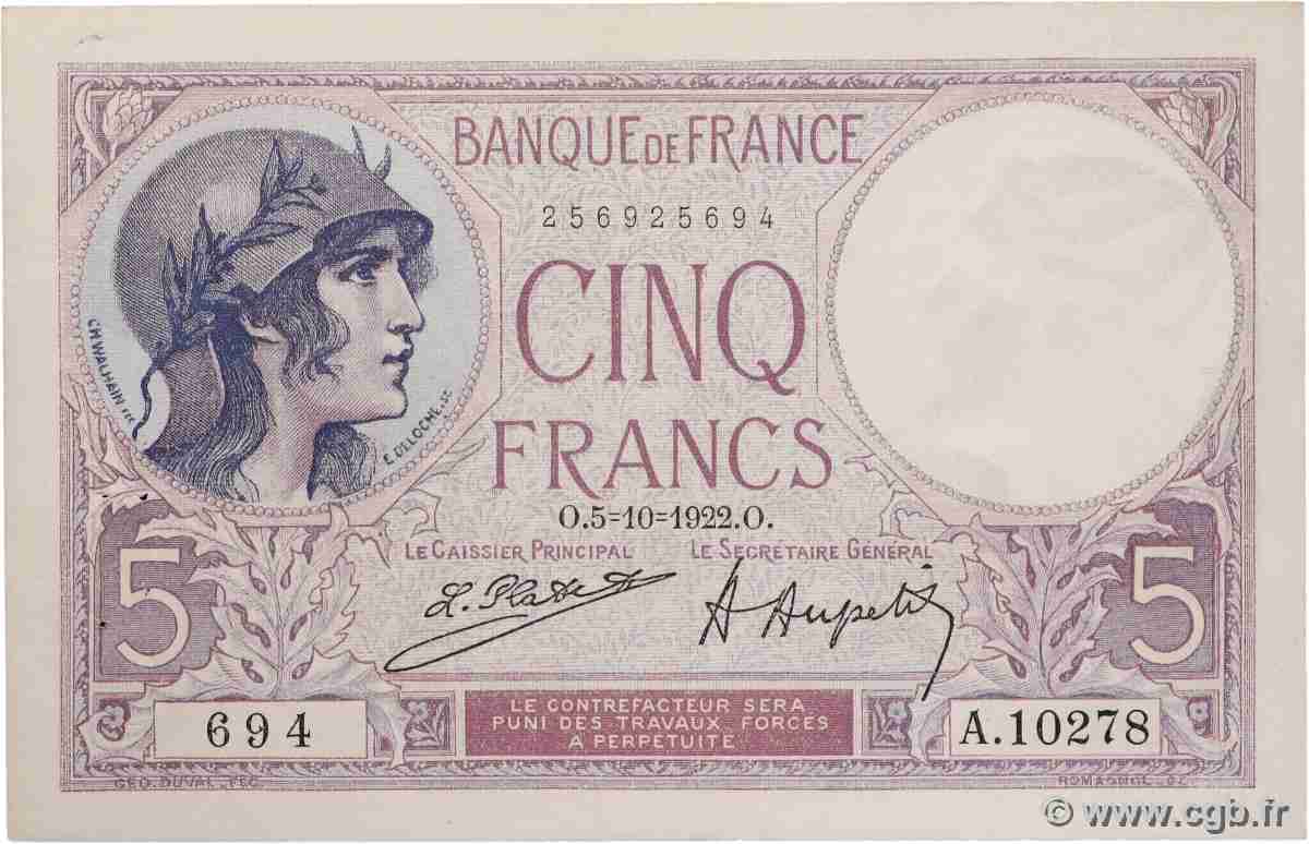5 Francs FEMME CASQUÉE FRANCE  1922 F.03.06 SUP