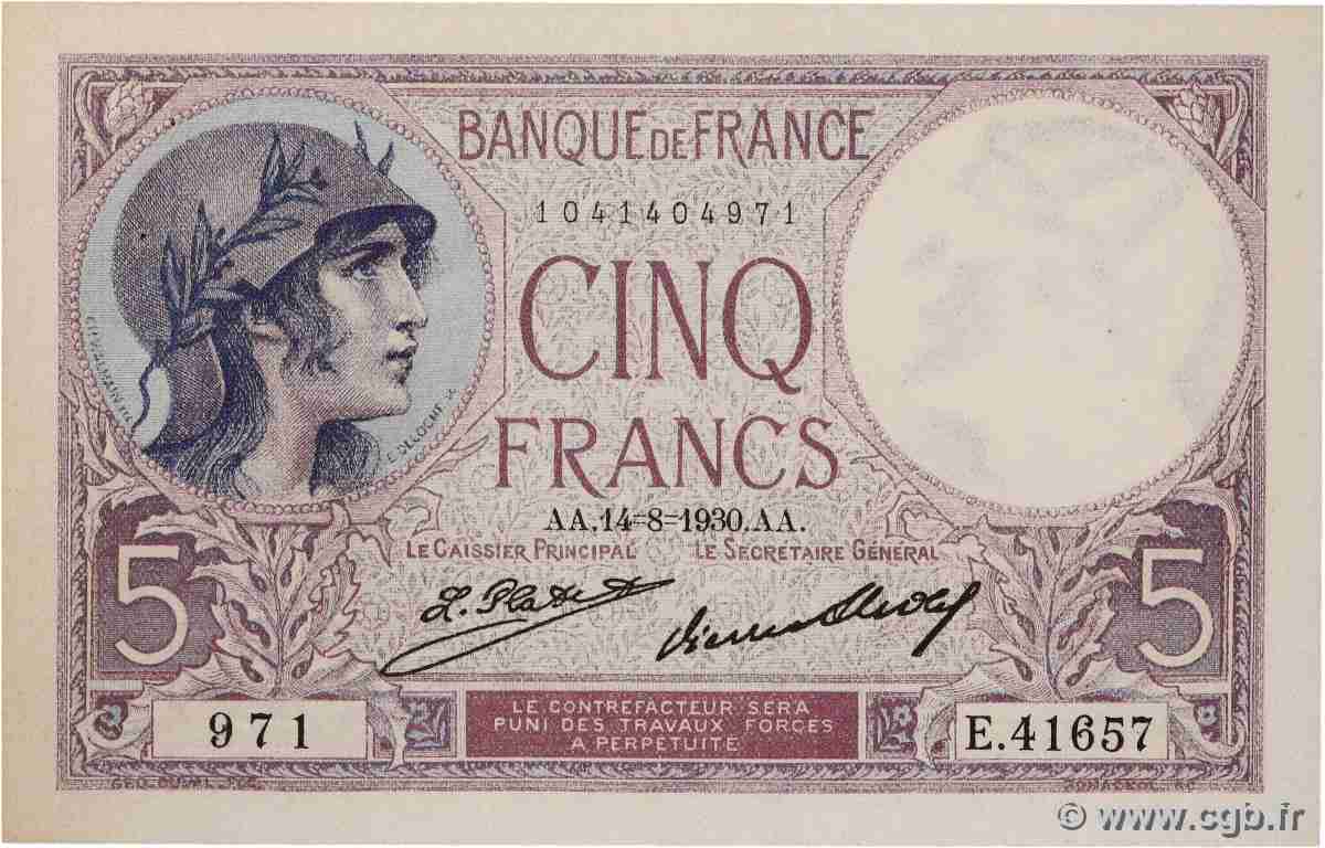 5 Francs FEMME CASQUÉE FRANCE  1930 F.03.14a pr.SPL