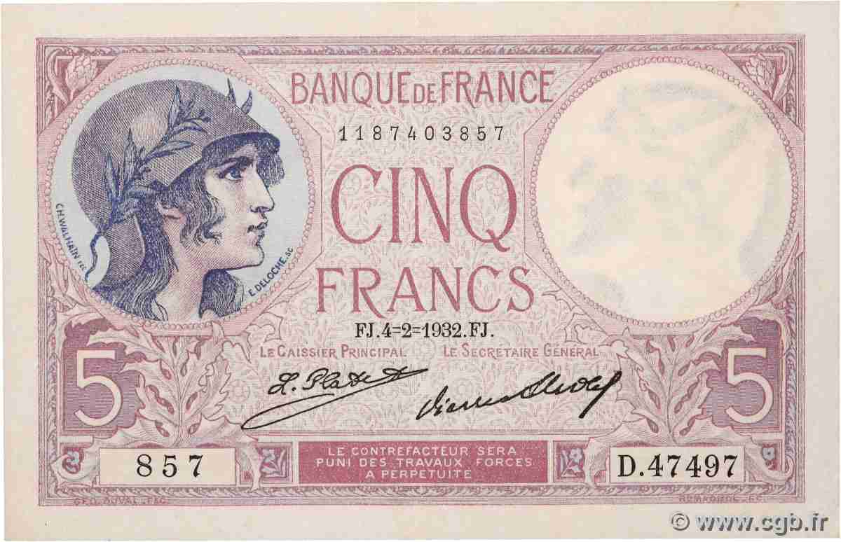 5 Francs FEMME CASQUÉE FRANCE  1932 F.03.16 SUP+