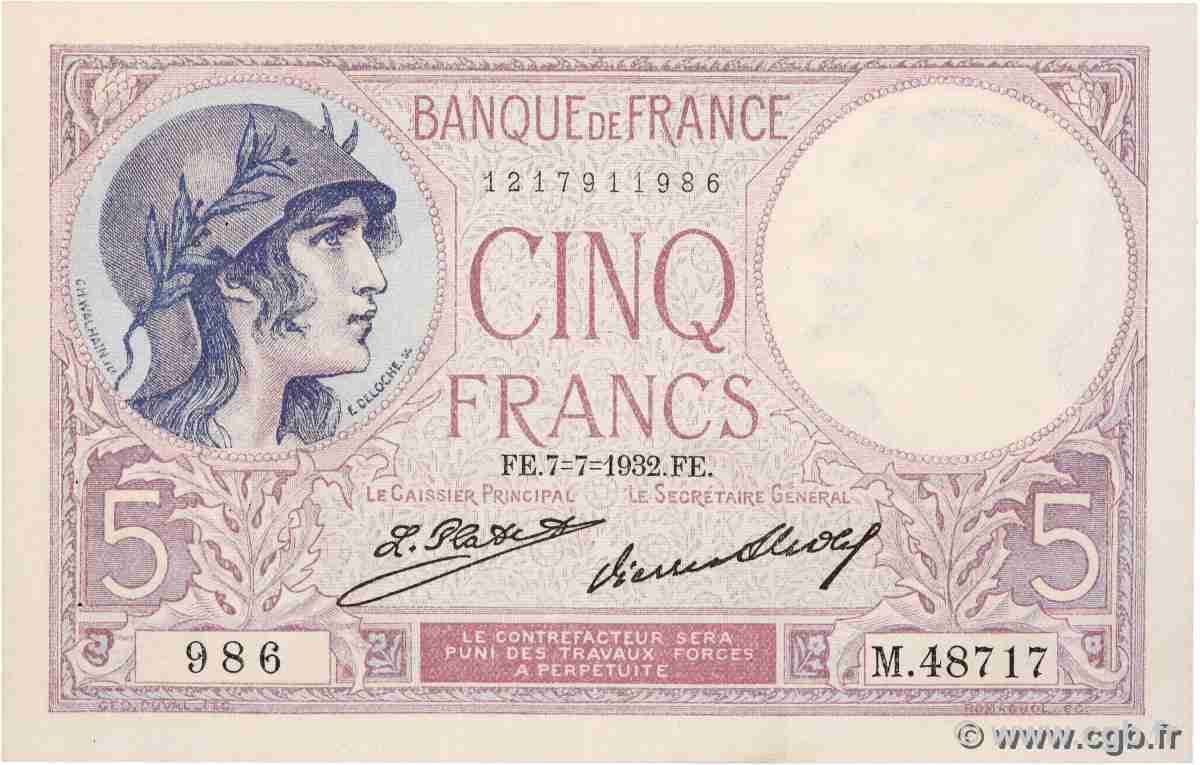 5 Francs FEMME CASQUÉE FRANCE  1932 F.03.16 SUP+