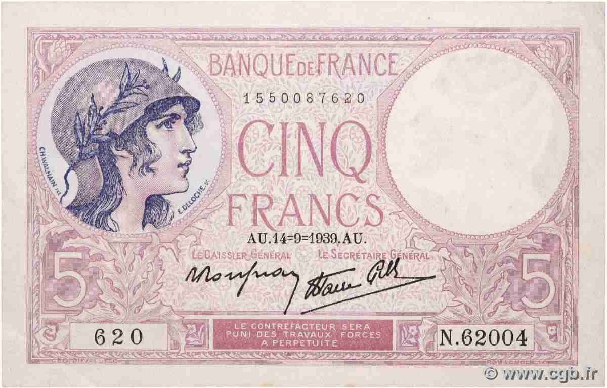 5 Francs FEMME CASQUÉE modifié FRANCE  1939 F.04.08 SUP