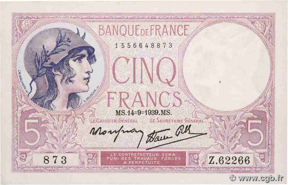 5 Francs FEMME CASQUÉE modifié FRANCE  1939 F.04.08 SUP