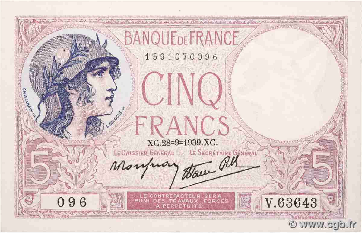 5 Francs FEMME CASQUÉE modifié FRANCE  1939 F.04.10 pr.NEUF