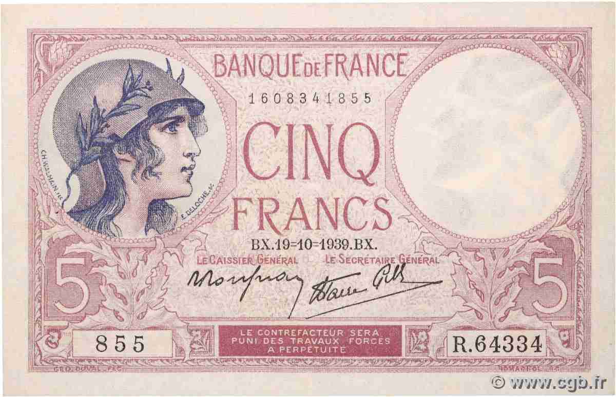 5 Francs FEMME CASQUÉE modifié FRANCE  1939 F.04.12 SUP