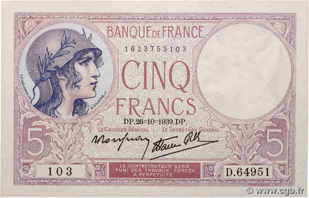 5 Francs FEMME CASQUÉE modifié FRANCE  1939 F.04.13 SPL