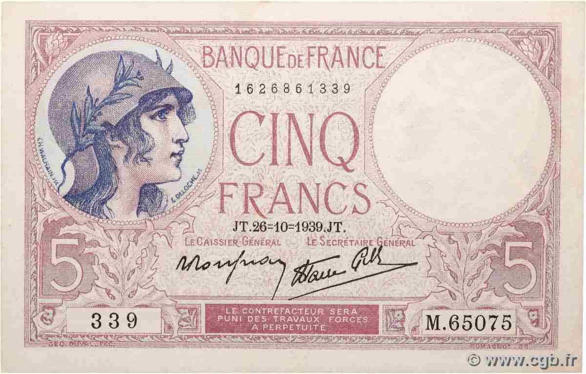 5 Francs FEMME CASQUÉE modifié FRANCE  1939 F.04.13 SPL