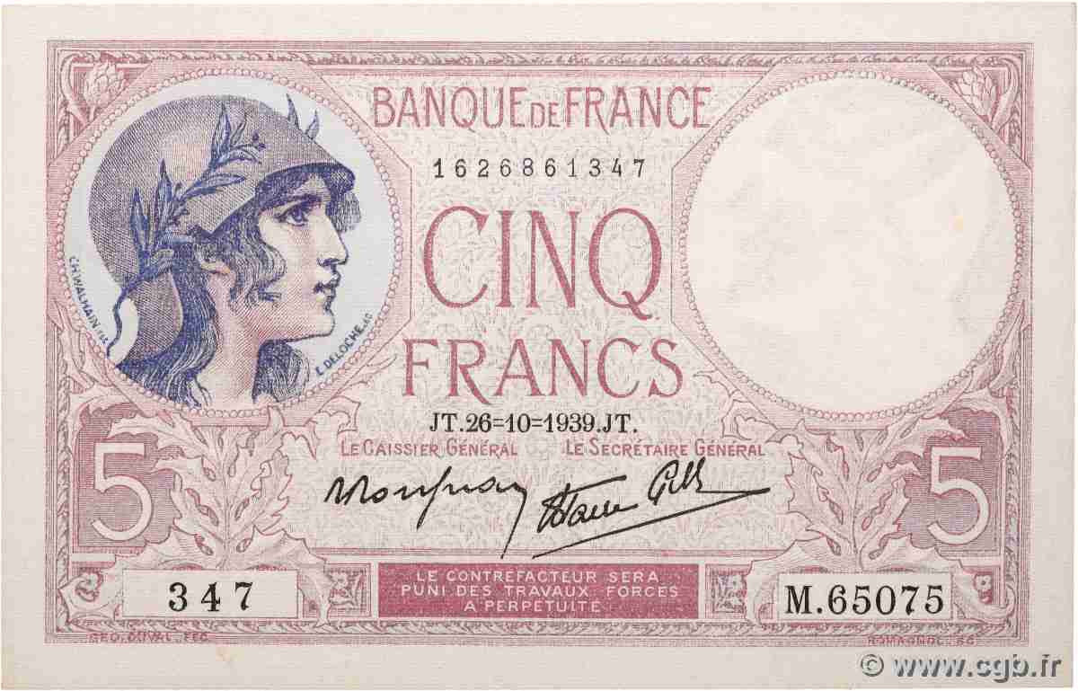 5 Francs FEMME CASQUÉE modifié FRANCE  1939 F.04.13 pr.NEUF