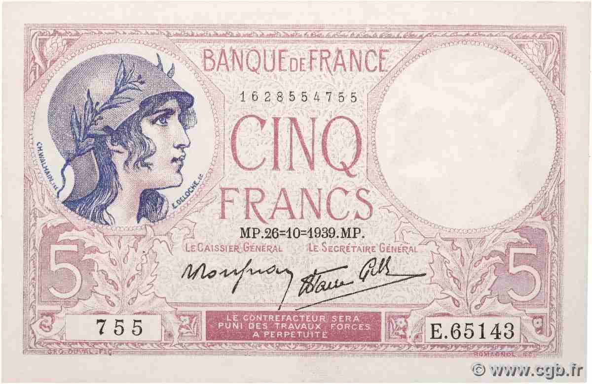 5 Francs FEMME CASQUÉE modifié FRANCE  1939 F.04.13 pr.SPL
