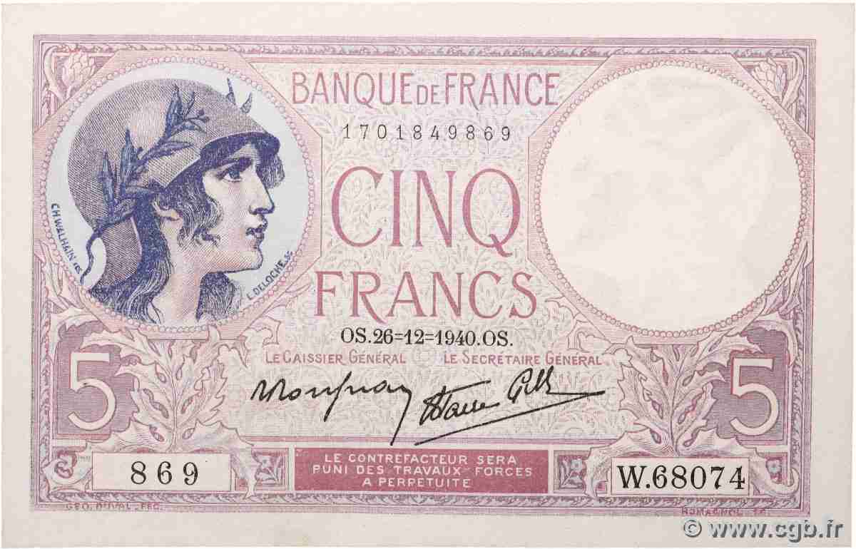 5 Francs FEMME CASQUÉE modifié FRANCE  1940 F.04.18 SPL