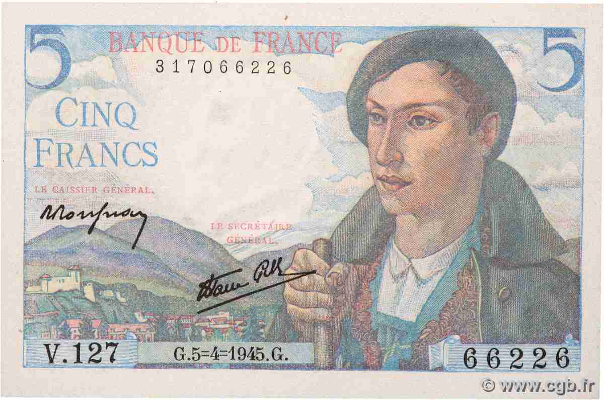 5 Francs BERGER FRANCE  1945 F.05.06 pr.NEUF
